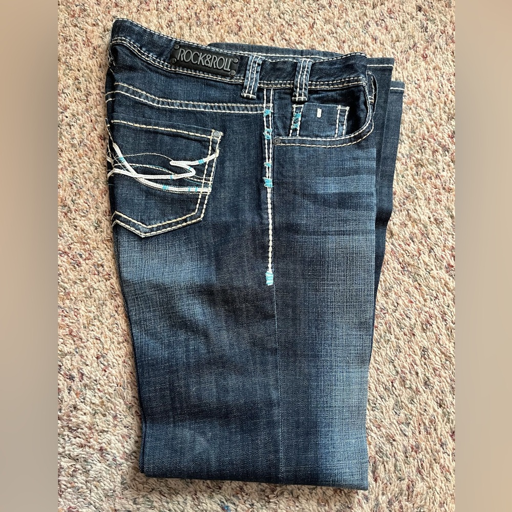 Rock & Roll Cowgirl Mid Rise Dark Blue Boot Cut Jeans 30x32